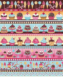 Tecido Tricoline Barrado Bolos e Cupcakes, 50cm x 1,50mt
