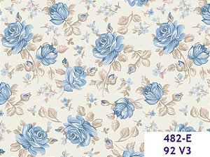 Tricoline Floral Ibi Azul com Cinza, 100% Alg 50cm x 1,50mt