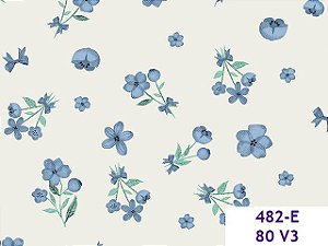 Tricoline Buquê de Flores Azul, 100% Algodão 50cm x 1,50mt