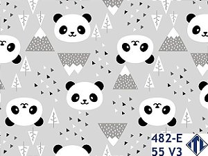 Tricoline Panda Ibi Fundo Cinza, 100% Algodão 50cm x 1,50mt