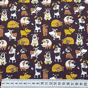 Tricoline Dogs Fundo Marrom  100% Algodão 50cm x 1,50mt.