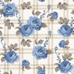 Tricoline Floral Azul com Xadrez, 100%Algodão, 50cm x 1,50mt