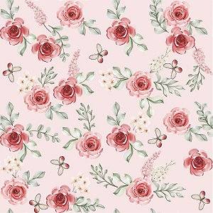 Tricoline Flores Delicadas Rosa, 100% Algodão, 50cm x 1,50mt