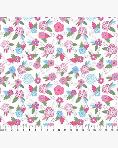 Tricoline Floral Susy Branco-Rosa 100% Algodão 50cm x 1,50mt