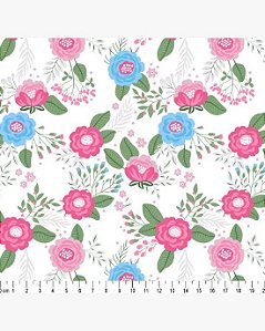 Tricoline Floral Ruby Branco-Rosa 100%  Algodão 50cm x 1,50m