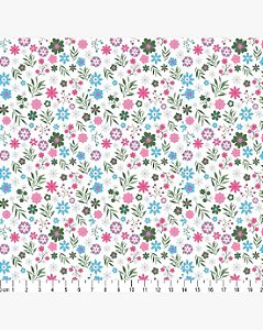 Tricoline Floral Anny Branco-Rosa 100% Algodão 50cm x 1,50mt