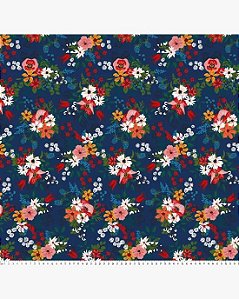 Tricoline Floral Eliza (Marinho) 100%  Algodão 50cm x 1,50mt