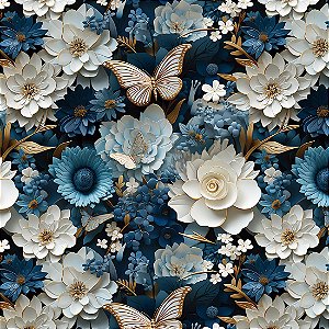 Tricoline Digital Floral 3D Safira 100%Algodão 50cm x 1,50mt