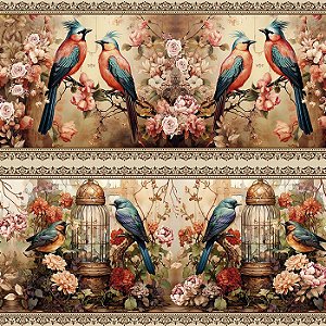 Tricoline Digital Barrado Pássaros Vintage, 50cm x 1,50mt