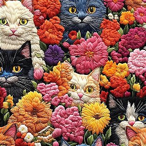 Tricoline Digital Gatos e Flores Bordados, 50cm x 1,50mt