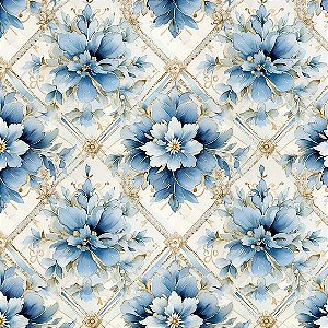 Tricoline Digital Devaneio Floral Azul 4, 50cm x 1,50mt