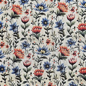 Tecido Tricoline Digital Floral Azul c/ Ramos, 50cm x 1,50mt