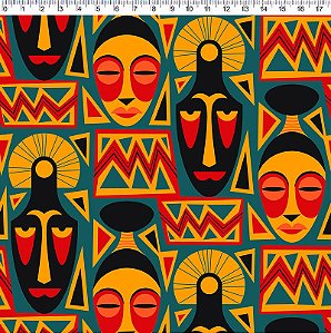 Tecido Tricoline Digital Máscaras Africa 50cm x 1,50mt