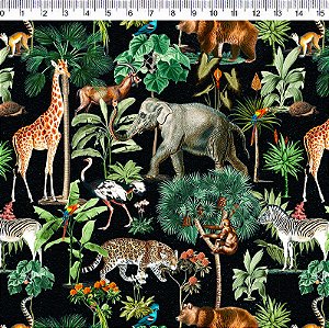 Tecido Tricoline Digital Animais Fundo Preto, 50cm x 1,50m