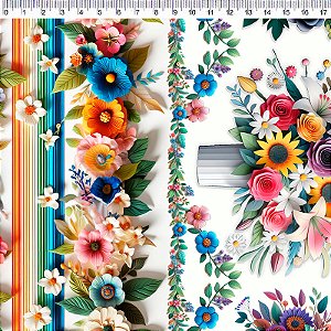 Tricoline Digital Barrado Flores de Papel, 50cm x 1,50mt