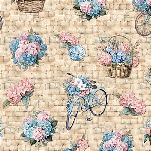 Tecido Tricoline Digital Bicicleta com Flores, 50cm x 1,50mt