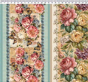 Tricoline Digital Barrado Vintage Flowers, 50cm x 1,50mt