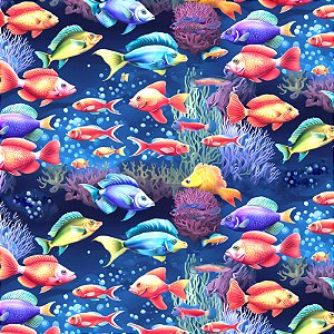 Tecido Tricoline Digital Fundo do Mar Peixes, 50cm x 1,50mt
