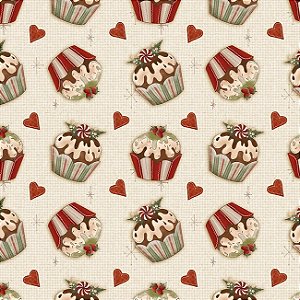 Tricoline Digital Cupcakes Meu Natal, 100%Alg. 50cm x 1,50mt