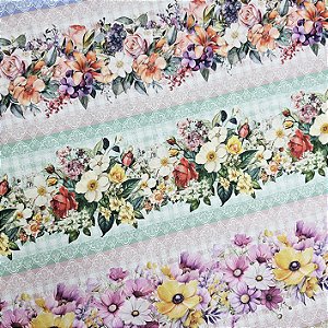 Tricoline Digital Barrado Floral Fundo Xadrez, 50cm x 1,50mt