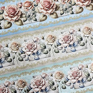 Tricoline Digital Barrado Rosas Vintage, 50cm x 1,50mt