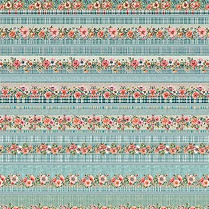 Tricoline Digital Barrado Flores 100% Algodão, 50cm x 1,50mt