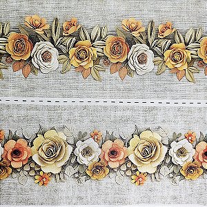 Tricoline Digital Barrado Floral Laranja, 50cm x 1,50mt