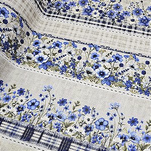 Tricoline Digital Barrado Floral Azul 100% Alg 50cm x 1,50mt