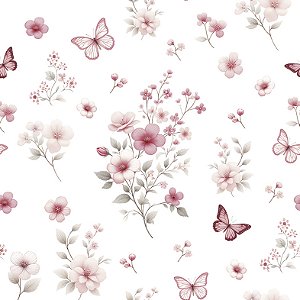 Tecido Fustão Dig. Borboletas no Jardim Rosa, 50cm x 1,50mt