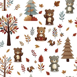 Tecido Piquet Digital Ursinhos na Floresta, 50cm x 1,43mt