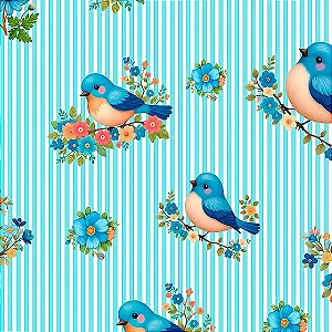 Tricoline Digital Blue Birds Pássaro Listrado, 50cm x 1,50mt