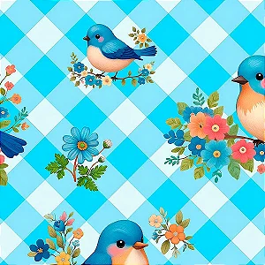 Tricoline Digital Blue Birds Pássaro Xadrez, 50cm x 1,50mt