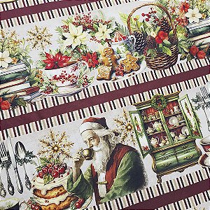 Tricoline Digital Barrado Chá com Papai Noel, 50cm x 1,50mt