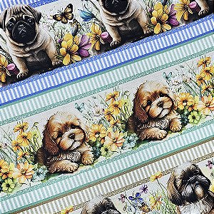 Tricoline Digital Barrado Cachorrinhos, 50cm x 1,50mt