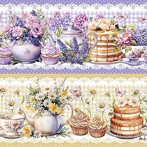 Tricoline Digital Barrado Chá da Tarde Florido 55cm x 1,50mt