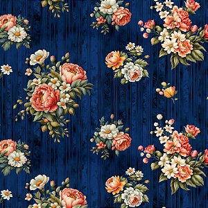 Tricoline Rosas com Textura Fundo Azul 100%Alg 50cm x 1,50mt