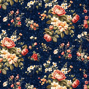 Tricoline Rosas Fundo Azul, 100% Algodão, 50cm x 1,50mt