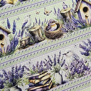Tricoline Digital Barrado Lavanda com Aves, 50cm x 1,50mt