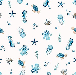 Tecido Tricoline Digital Animais Marinhos, 50cm x 1,50mt