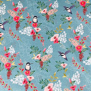 Tecido Tricoline Floral com Pássaros, 100%Alg. 50cm x 1,50mt