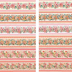 Tricoline Digital Barrado Flores Coral, 50cm x 1,50mt