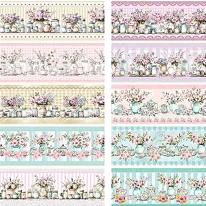 Tricoline Digital Barrado Potes e Flores, 50cm x 1,50mt