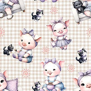 Tricoline Digital Pig Xadrez, 100% Algodão, 50cm x 1,50mt