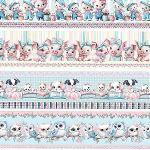 Tricoline Digital Barrado Bichinhos Fofos, 50cm x 1,50mt