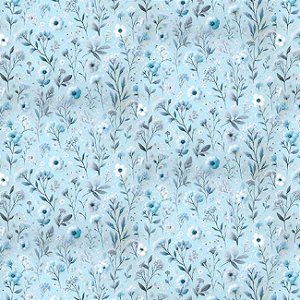 Tricoline Digital Floral Fundo Azul, 100%Alg., 50cm x 1,50mt