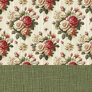 Tricoline Dig. Floral com Linho Verde Mimabele 55cm x 1,50mt