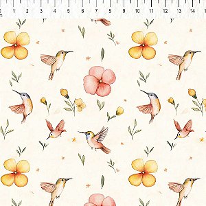 Tricoline Voando com Beija Flor, 100% Algodão, 50cm x 1,50mt