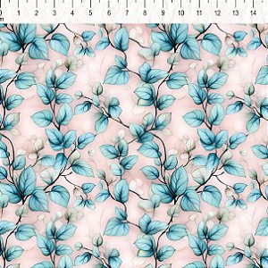 Tricoline Digital Folhas Blush, 100% Algodão, 50cm x 1,50mt