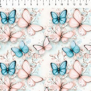 Tricoline Digital Borboleta Blush, 100% Algod, 50cm x 1,50mt