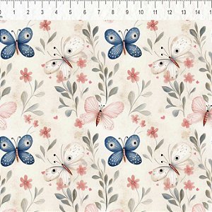 Tricoline Borboletas e Flores, 100% Algodão, 50cm x 1,50mt